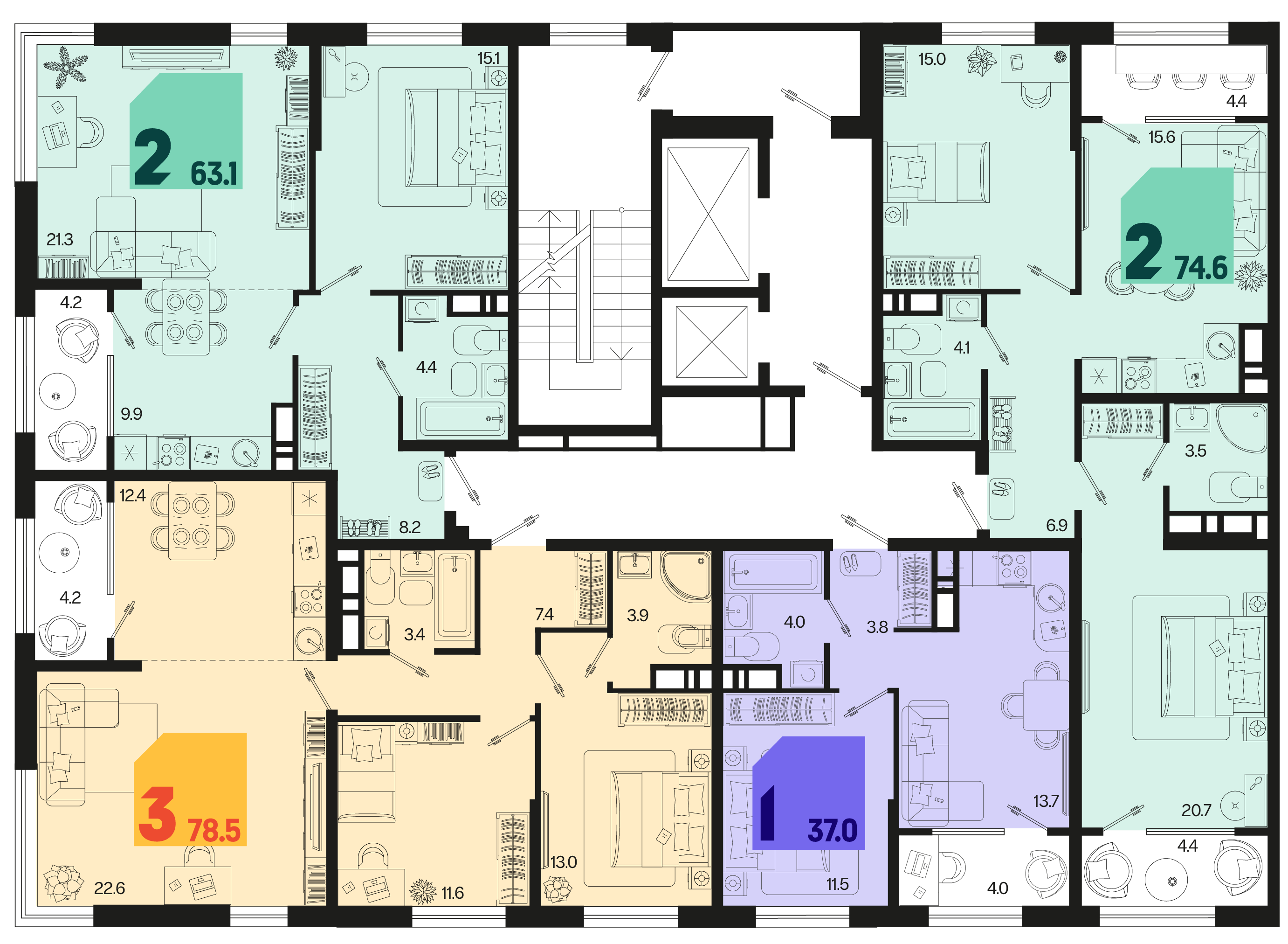 2-комнатная квартира №443 74,6 м2 от застройщика ГК ТОЧНО фото 5