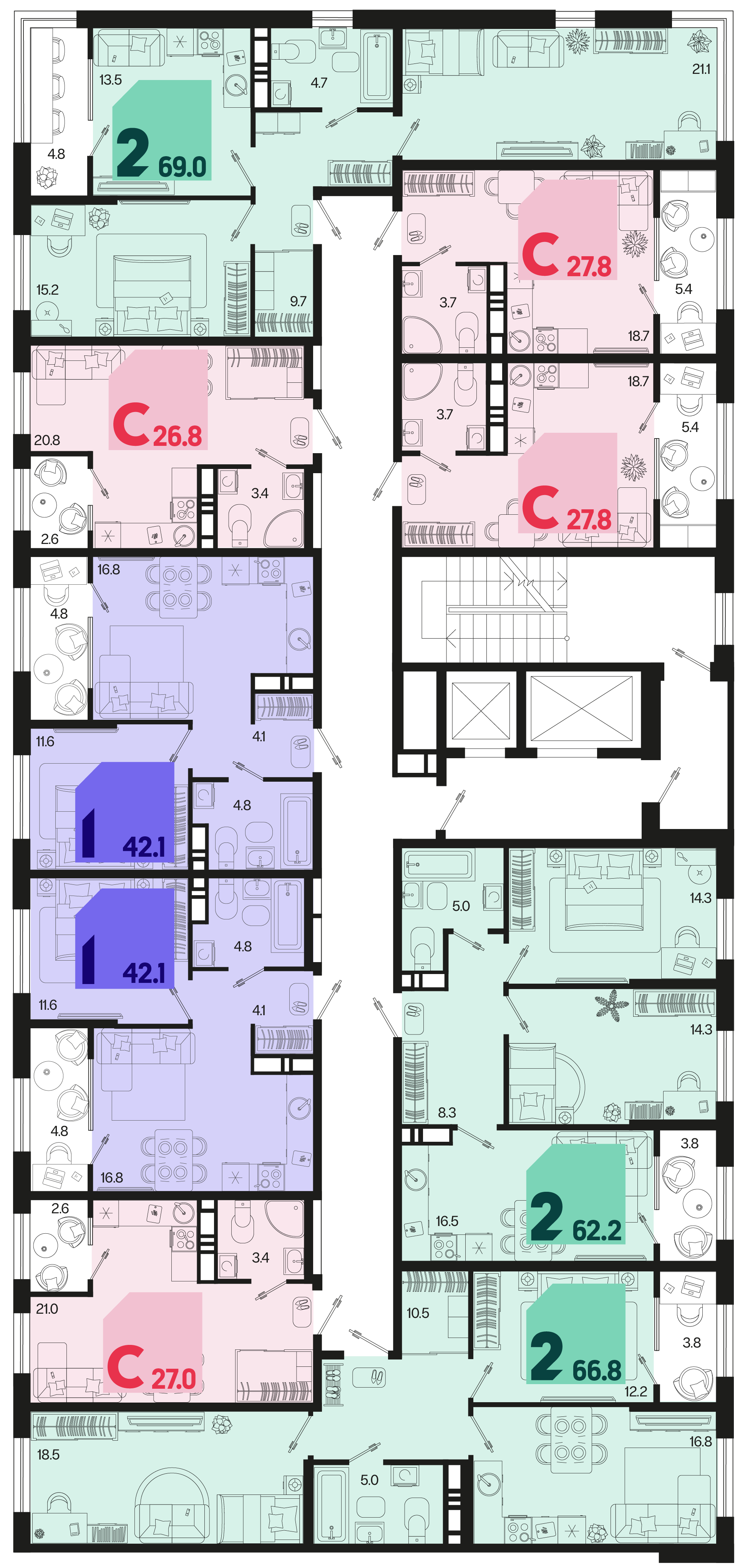 2-комнатная квартира №672 66,8 м2 от застройщика ГК ТОЧНО фото 5