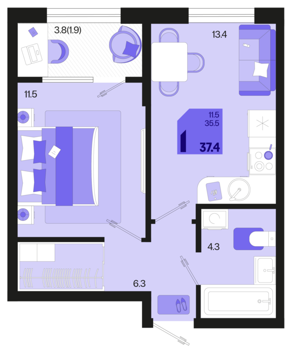 1-комнатная квартира №102 37,4 м2 от застройщика ГК ТОЧНО