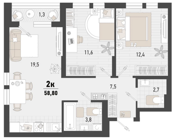 2-комнатная квартира №316 58,8 м2 от застройщика ГК ТОЧНО