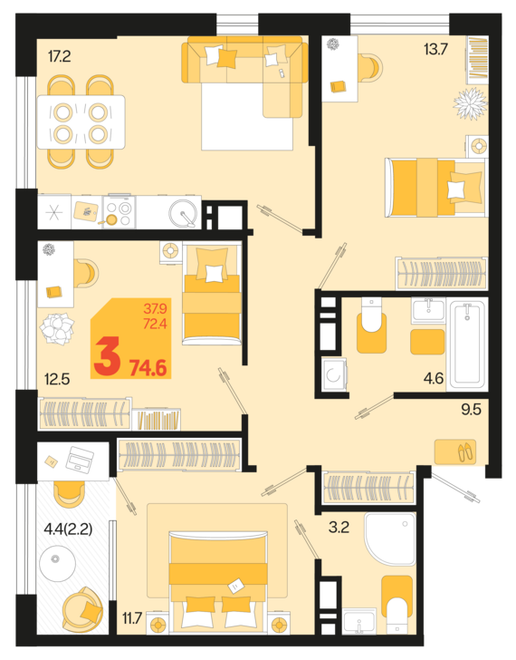 3-комнатная квартира №358 74,6 м2 от застройщика ГК ТОЧНО