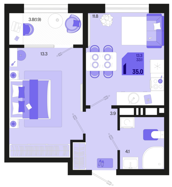 1-комнатная квартира №431 35 м2 от застройщика ГК ТОЧНО