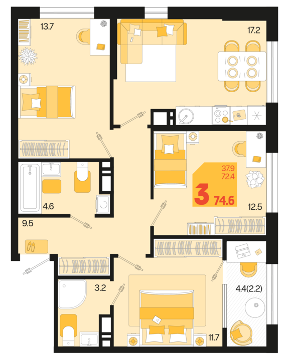 3-комнатная квартира №58 74,6 м2 от застройщика ГК ТОЧНО