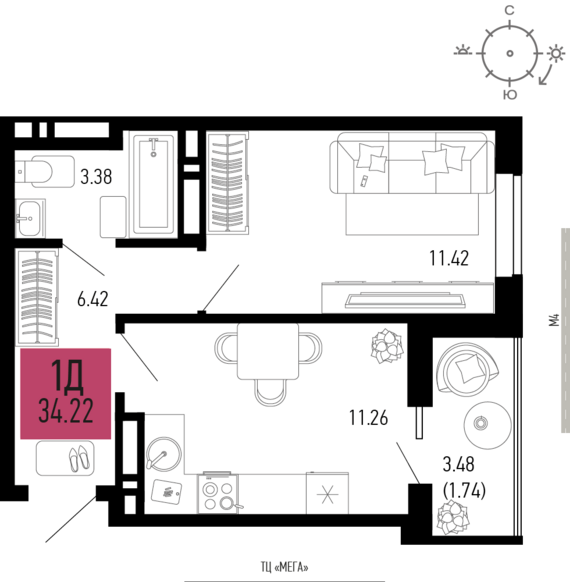 1-комнатная квартира №769 34,22 м2 от застройщика ГК ТОЧНО