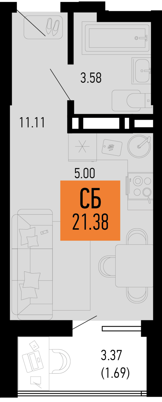 Студия №22 21,38 м2 от застройщика ГК ТОЧНО