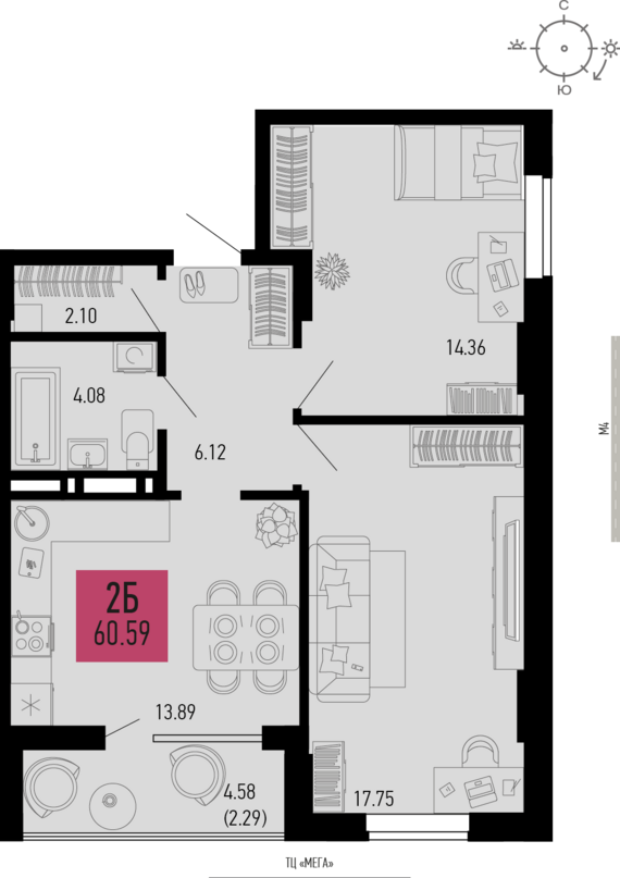 2-комнатная квартира №32 60,59 м2 от застройщика ГК ТОЧНО