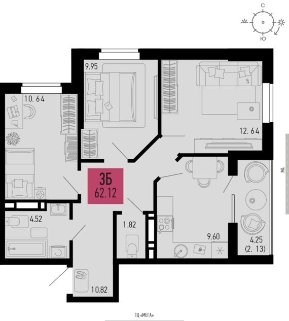 3-комнатная квартира №67 62,12 м2 от застройщика ГК ТОЧНО