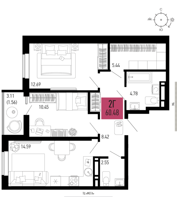 2-комнатная квартира №143 60,48 м2 от застройщика ГК ТОЧНО