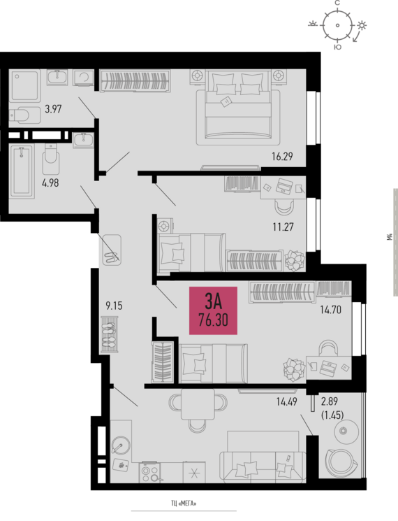 3-комнатная квартира №114 76,3 м2 от застройщика ГК ТОЧНО