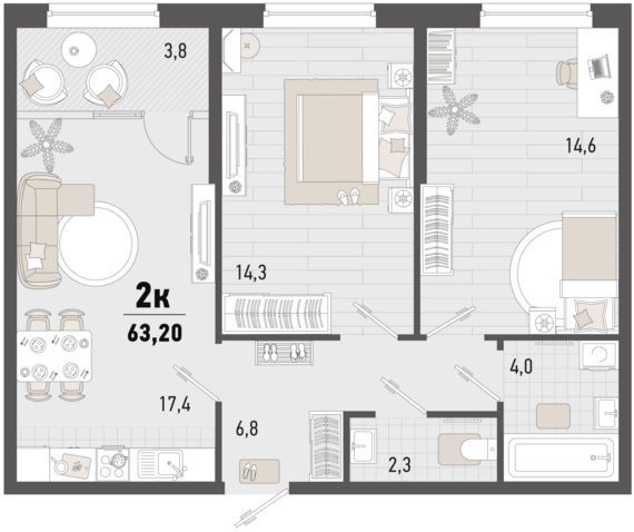 2-комнатная квартира №3 61,3 м2 от застройщика ГК ТОЧНО