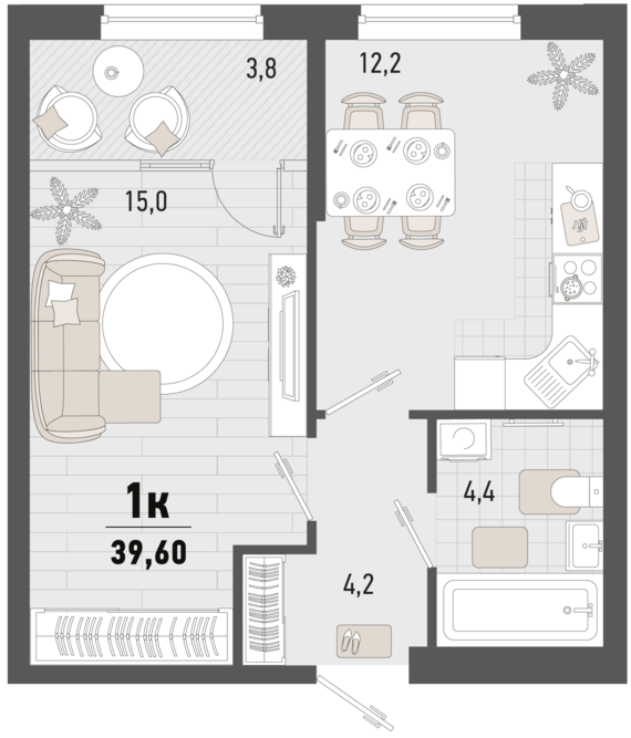 1-комнатная квартира №5 37,7 м2 от застройщика ГК ТОЧНО