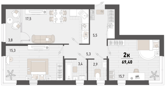 2-комнатная квартира №6 67,5 м2 от застройщика ГК ТОЧНО