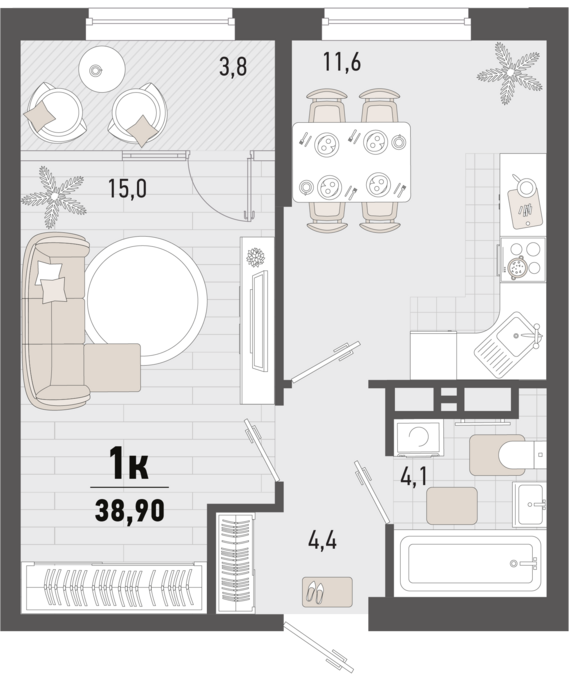1-комнатная квартира №17 37 м2 от застройщика ГК ТОЧНО