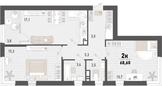 2-комнатная квартира №12 66,7 м2 от застройщика ГК ТОЧНО
