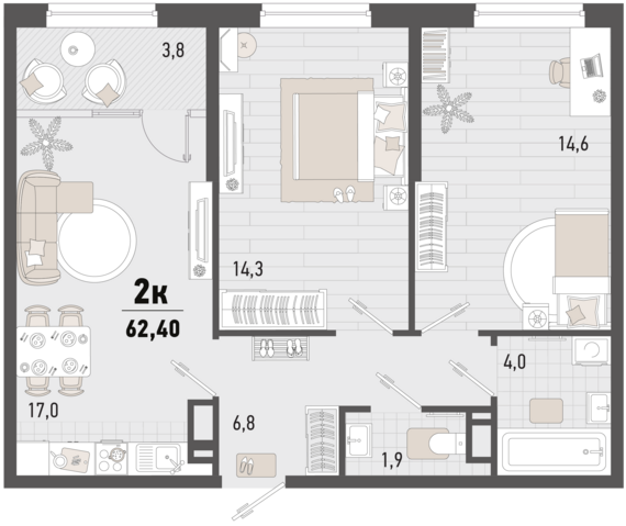 2-комнатная квартира №63 60,5 м2 от застройщика ГК ТОЧНО