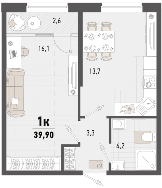 1-комнатная квартира №104 38,6 м2 от застройщика ГК ТОЧНО