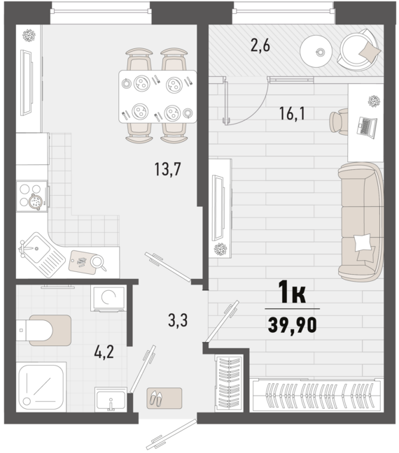 1-комнатная квартира №105 38,6 м2 от застройщика ГК ТОЧНО