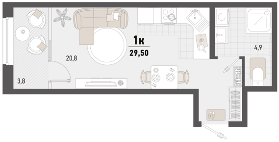 1-комнатная квартира №106 27,6 м2 от застройщика ГК ТОЧНО