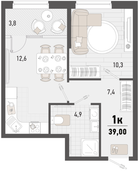 1-комнатная квартира №107 37,1 м2 от застройщика ГК ТОЧНО