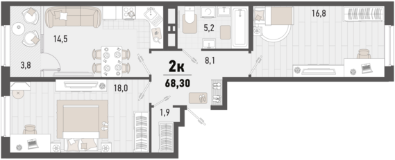 2-комнатная квартира №128 66,4 м2 от застройщика ГК ТОЧНО