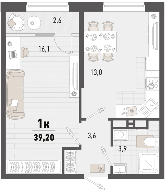 1-комнатная квартира №109 37,9 м2 от застройщика ГК ТОЧНО