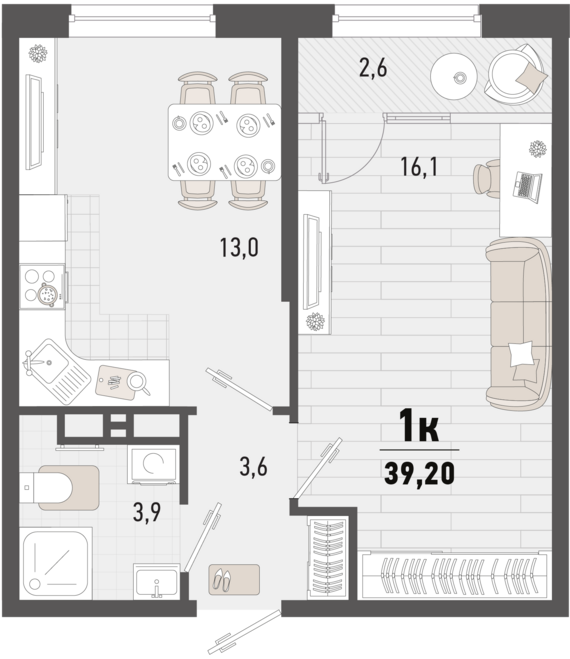 1-комнатная квартира №110 37,9 м2 от застройщика ГК ТОЧНО