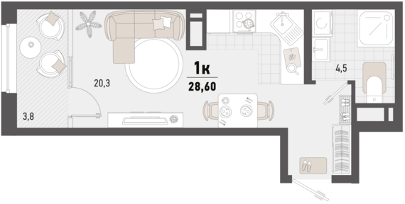 1-комнатная квартира №126 26,7 м2 от застройщика ГК ТОЧНО