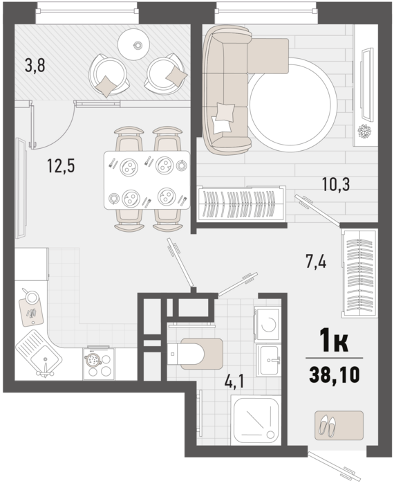 1-комнатная квартира №112 36,2 м2 от застройщика ГК ТОЧНО