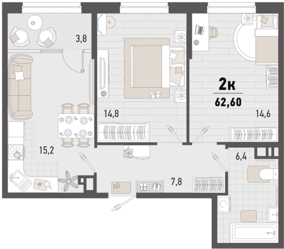 2-комнатная квартира №212 60,7 м2 от застройщика ГК ТОЧНО