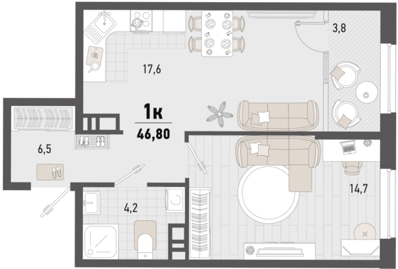 1-комнатная квартира №201 44,9 м2 от застройщика ГК ТОЧНО