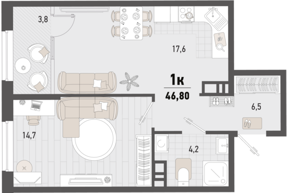 1-комнатная квартира №204 44,9 м2 от застройщика ГК ТОЧНО