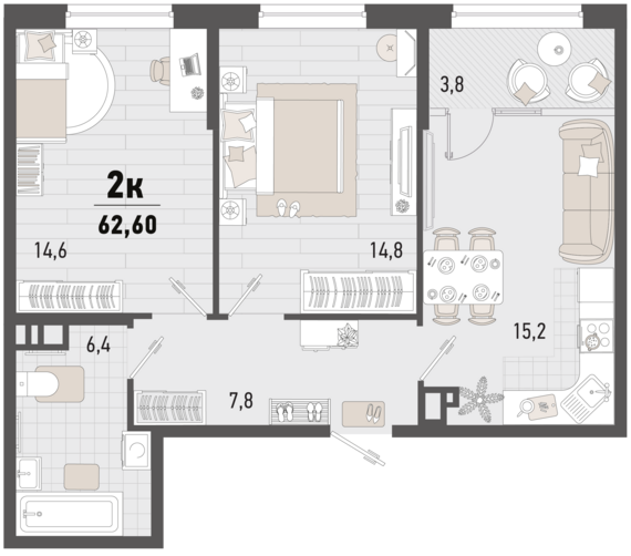 2-комнатная квартира №223 60,7 м2 от застройщика ГК ТОЧНО