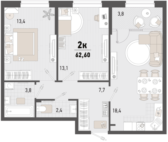 2-комнатная квартира №237 60,7 м2 от застройщика ГК ТОЧНО
