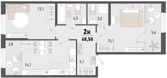 2-комнатная квартира №240 63,8 м2 от застройщика ГК ТОЧНО