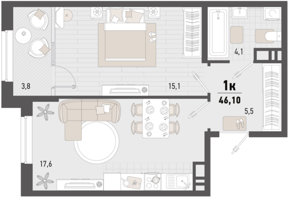 1-комнатная квартира №246 44,2 м2 от застройщика ГК ТОЧНО