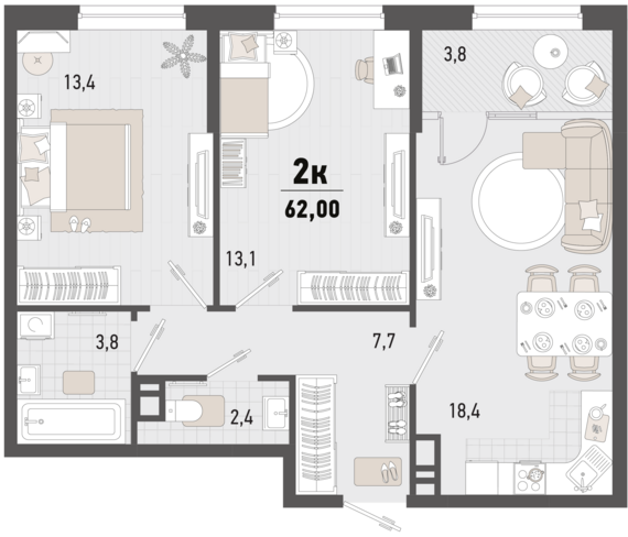 2-комнатная квартира №272 60,1 м2 от застройщика ГК ТОЧНО