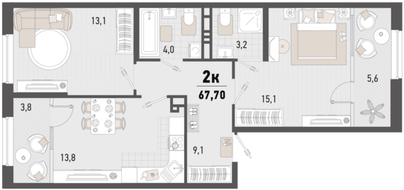 2-комнатная квартира №245 63 м2 от застройщика ГК ТОЧНО