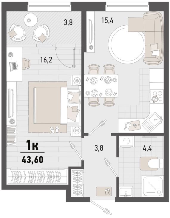 1-комнатная квартира №277 41,7 м2 от застройщика ГК ТОЧНО