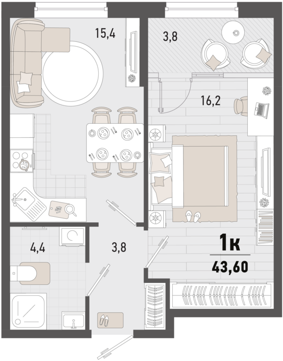 1-комнатная квартира №278 41,7 м2 от застройщика ГК ТОЧНО