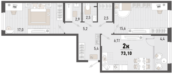 2-комнатная квартира №279 70,9 м2 от застройщика ГК ТОЧНО