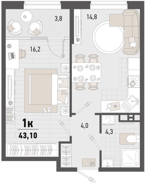 1-комнатная квартира №285 41,2 м2 от застройщика ГК ТОЧНО