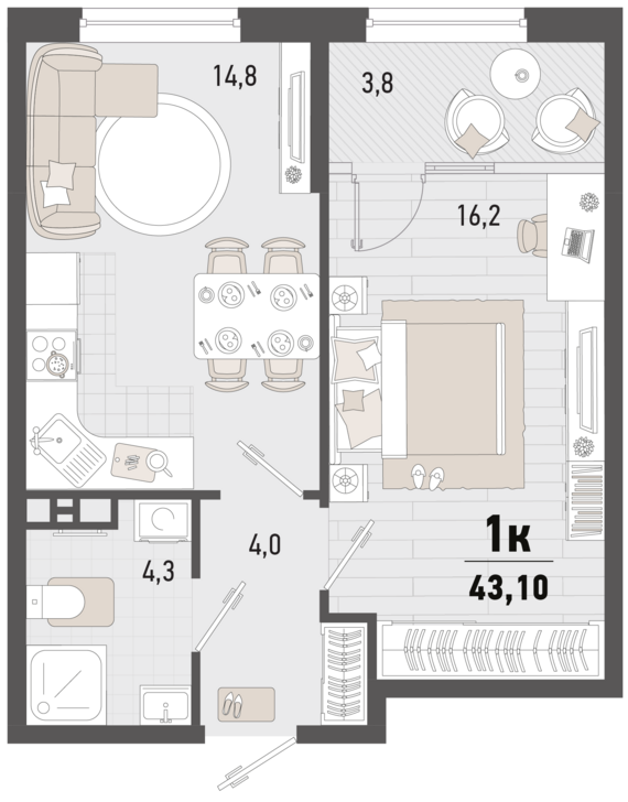 1-комнатная квартира №282 41,2 м2 от застройщика ГК ТОЧНО