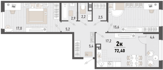 2-комнатная квартира №303 70,2 м2 от застройщика ГК ТОЧНО