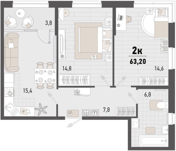 2-комнатная квартира №308 61,3 м2 от застройщика ГК ТОЧНО