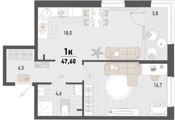 1-комнатная квартира №309 45,7 м2 от застройщика ГК ТОЧНО