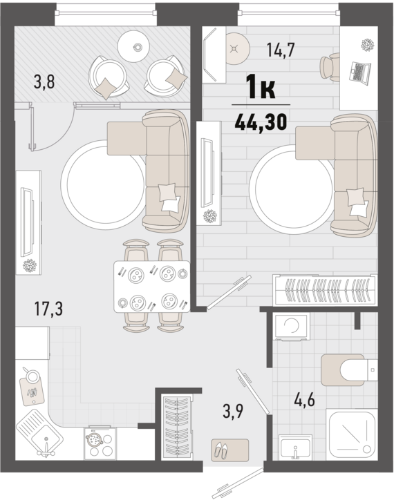 1-комнатная квартира №311 42,4 м2 от застройщика ГК ТОЧНО