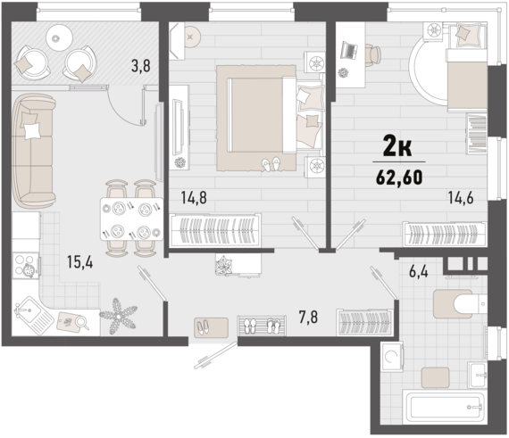 2-комнатная квартира №326 60,7 м2 от застройщика ГК ТОЧНО