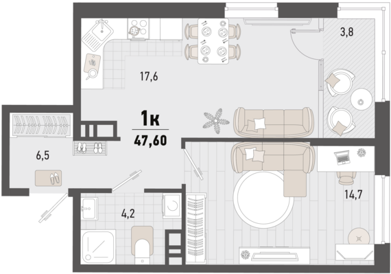 1-комнатная квартира №321 44,9 м2 от застройщика ГК ТОЧНО