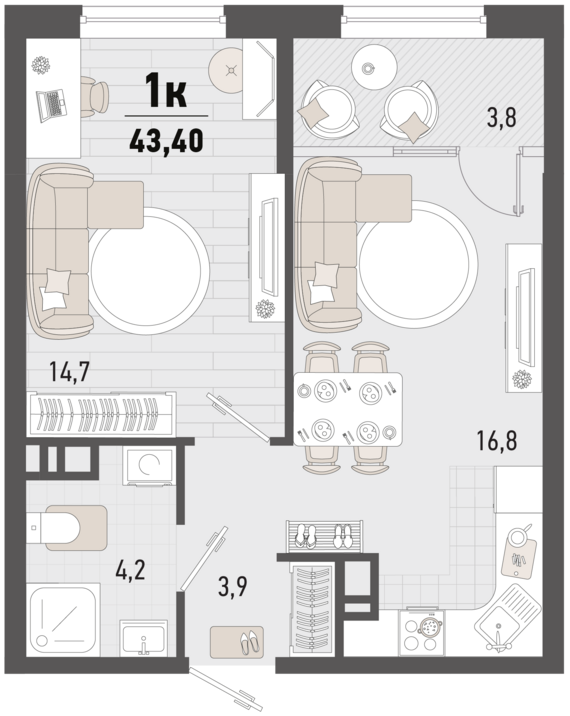 1-комнатная квартира №334 41,5 м2 от застройщика ГК ТОЧНО