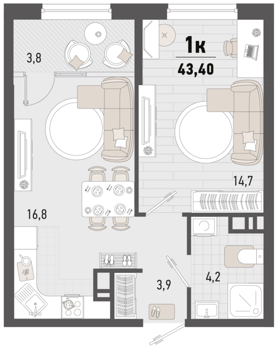1-комнатная квартира №335 41,5 м2 от застройщика ГК ТОЧНО